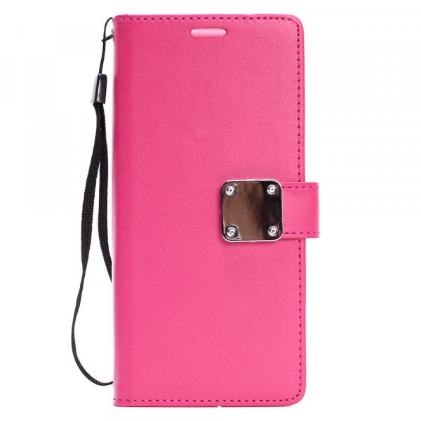 Wholesale iPhone X (Ten) Multi Pockets Folio Flip Leather Wallet Case with Strap (Hot Pink)